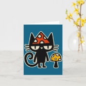 Funny Cat With Mushroom Hat Black Cat With Toadsto Kaart (Gele Bloem)