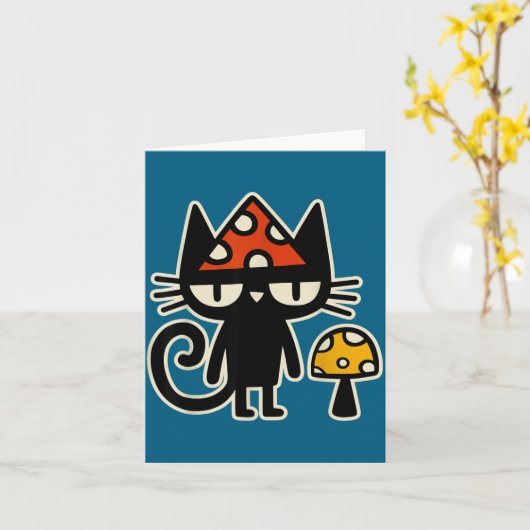 Funny Cat With Mushroom Hat Black Cat With Toadsto Kaart (Gele Bloem)