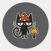 Funny Cat With Mushroom Hat Black Cat With Toadsto Ronde Sticker (Voorkant)