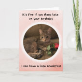 Funny Cat zegt dat je laat kunt slapen op je verja Kaart (Voorkant)