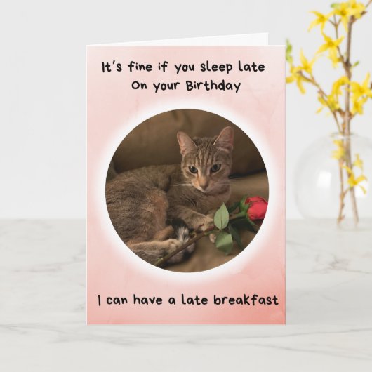 Funny Cat zegt dat je laat kunt slapen op je verja Kaart (Gele Bloem)