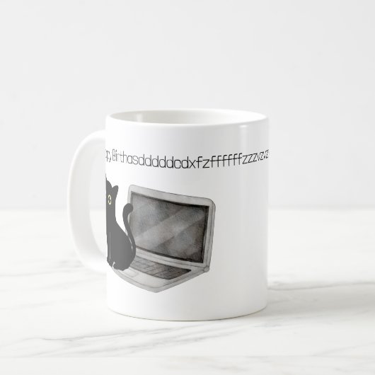 Funny Cat Zittend op Laptop Verjaardag Koffie Mok (Voorkant links)