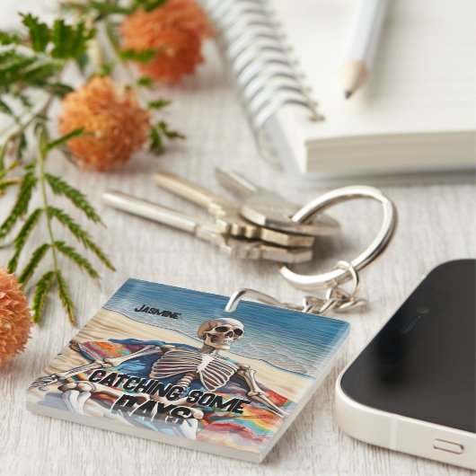 Funny Catching some Rays Skeleton T-Shirt Sleutelhanger (Voorkant Rechts)