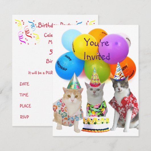  Funny Cats Birthday Party Invitation Kaart (Voorkant / Achterkant)