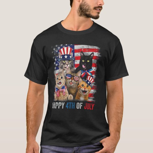 Funny Cats Happy 4th Of July American US Flag 4th  T-shirt (Voorkant)