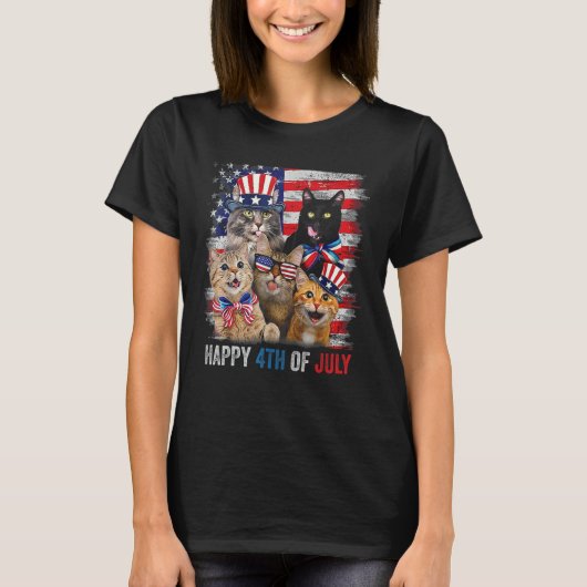 Funny Cats Happy 4th Of July American US Flag 4th  T-shirt (Voorkant)