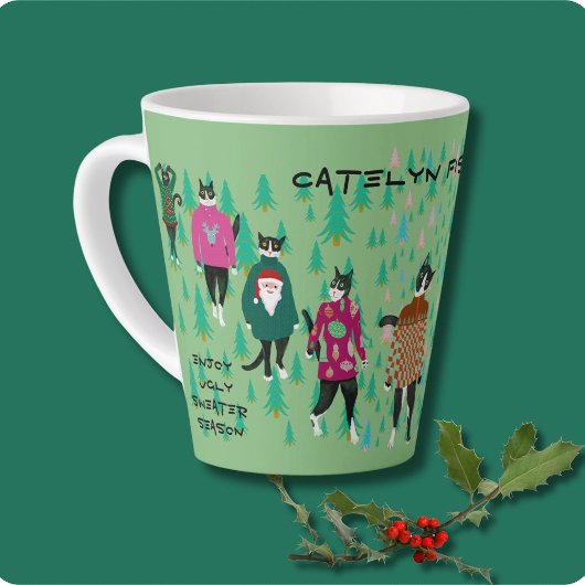 Funny Cats in Ugly KerstSweaters green Latte Mok