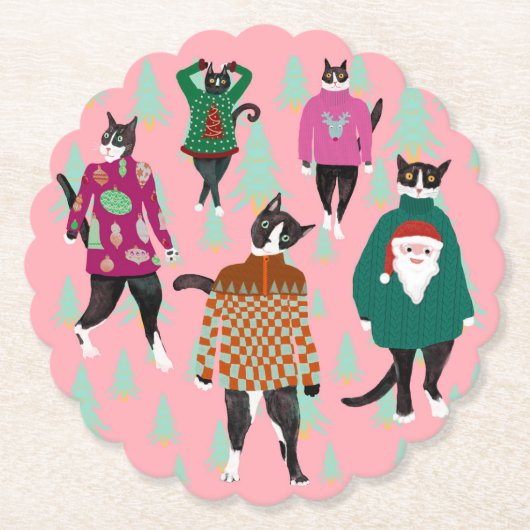 Funny Cats in Ugly KerstSweaters Kartonnen Onderzetters (Voorkant)