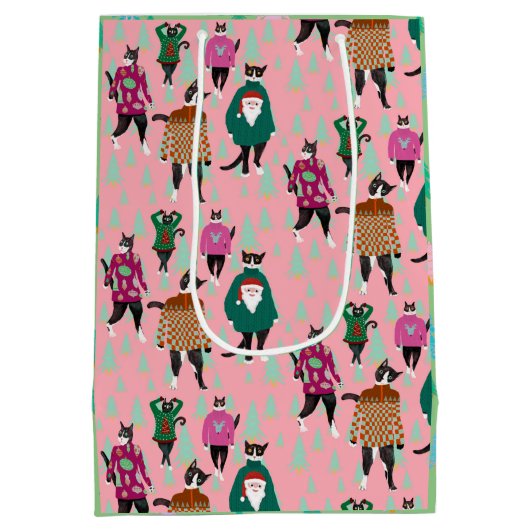 Funny Cats in Ugly KerstSweaters roze Medium Cadeauzakje (Achterkant)