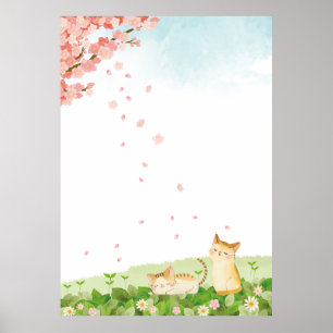 Funny Cats Singing under Cherry Blossom Poster