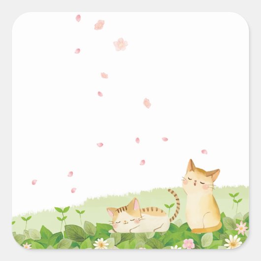 Funny Cats Singing under Cherry Blossom Vierkante Sticker (Voorkant)