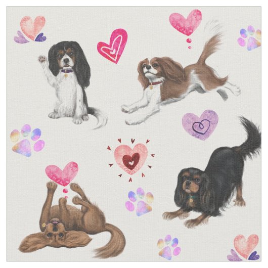 Funny Cavaliers met Hearts Fabric Stof (Close Up)