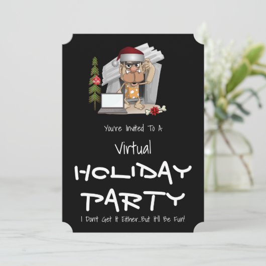Funny Caveman Virtual Holiday Party Kaart (Staand voorkant)