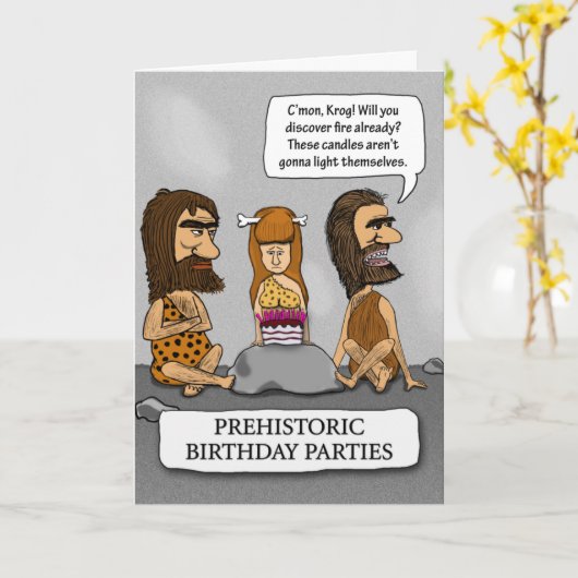 Funny Cavemen en Cavewoman wachten op de branddag Kaart (Gele Bloem)