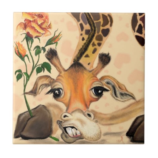 Funny Ceramic Tile Giraffe with Rose Tegeltje (Voorkant)