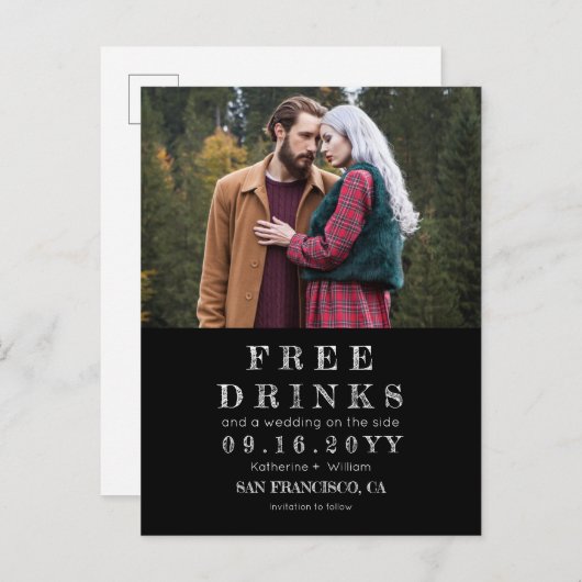 Funny Chalkboard Free Drinken Wedding Save the Dat Aankondigingskaart (Voorkant / Achterkant)