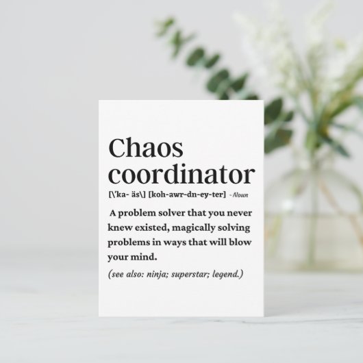 Funny chaos coördinator definitie briefkaart (Staand voorkant)