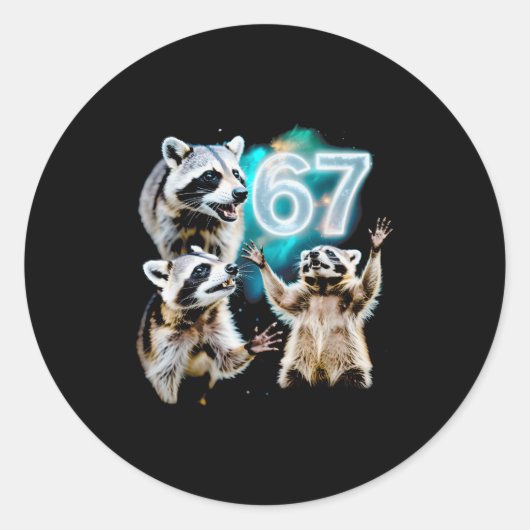 Funny Chaotic Raccoon Howling At 67 Cosmic Six Sev Ronde Sticker (Voorkant)