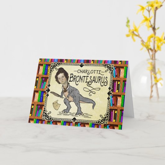 Funny Charlotte Bronte Saurus Dinosaur Book Reader Kaart (Gele Bloem)