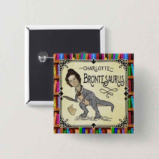 Funny Charlotte Bronte Saurus Dinosaur Book Reader Vierkante Button 5,1 Cm (Voorkant /achterkant)
