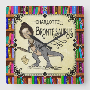 Funny Charlotte Bronte Saurus Dinosaur Book Reader Vierkante Klok
