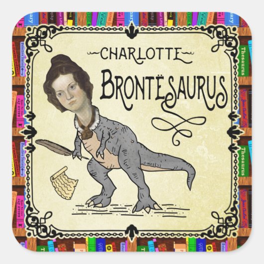 Funny Charlotte Bronte Saurus Dinosaur Book Reader Vierkante Sticker (Voorkant)