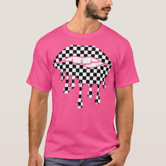 Funny Checkerboard Black White Lip Women  T-shirt