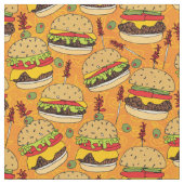 Funny Cheeseburger over het gele voedselpatroon Stof (Close Up)