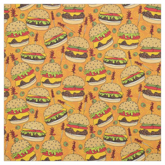 Funny Cheeseburger over het gele voedselpatroon Stof (Swatch)