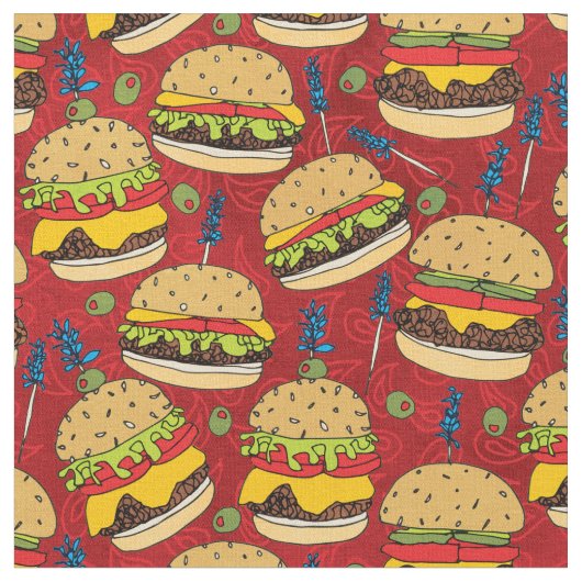 Funny Cheeseburger over het rode voedselpatroon Stof (Close Up)