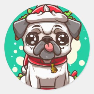 Funny Chibi Kawaii Dog Pug Kerst sticker