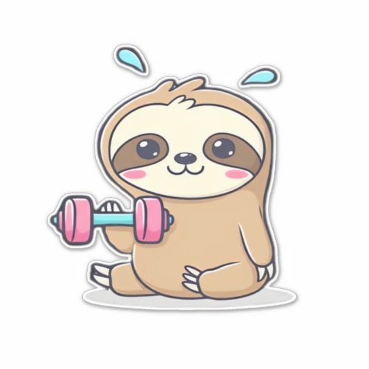 Funny Chibi Sloth Workout Cute Kawaii Gym Cartoon Sticker (Voorkant)