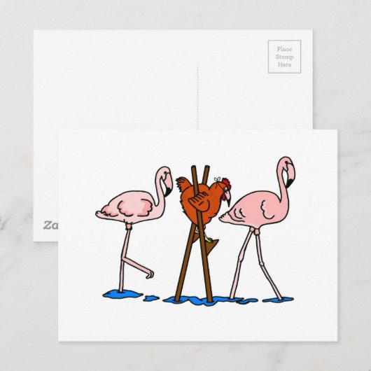 Funny Chicken and Flamingos Briefkaart (Voorkant / Achterkant)