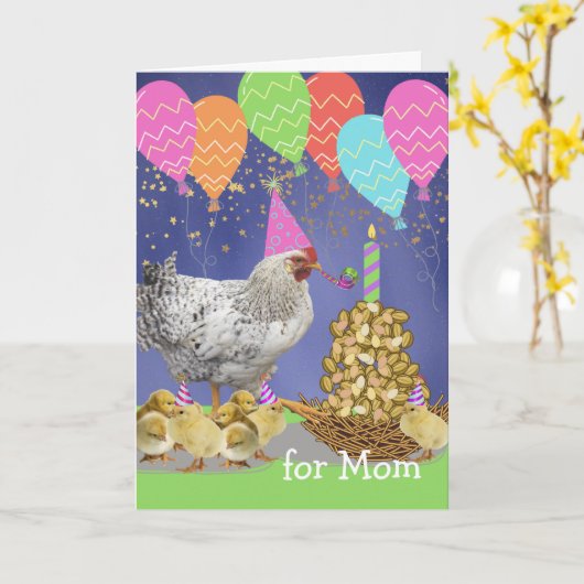 Funny Chicken Birthday for Mam with Party Chicken Kaart (Gele Bloem)