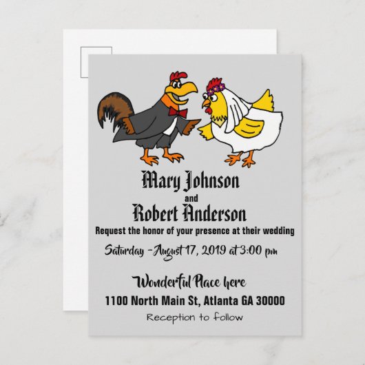 Funny Chicken Bride and Groom Wedding Invitation Uitnodiging Briefkaart (Voorkant / Achterkant)
