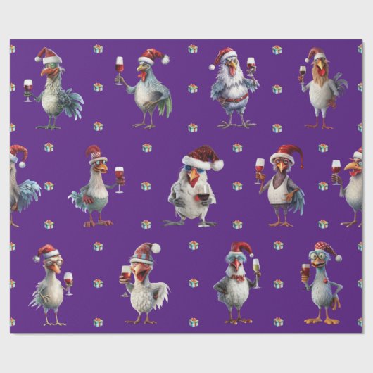 Funny Chicken Christmas Holiday Wine Party Paarse Cadeaupapier (Vlak)
