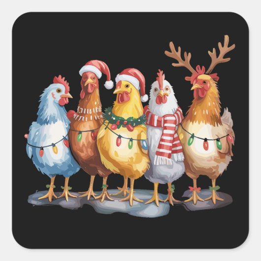 Funny Chicken Christmas Lights Boerderij Animal Xm Vierkante Sticker (Voorkant)