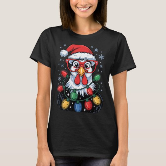 Funny Chicken Christmas Tree Lights Santa Hat Xmas T-shirt (Voorkant)