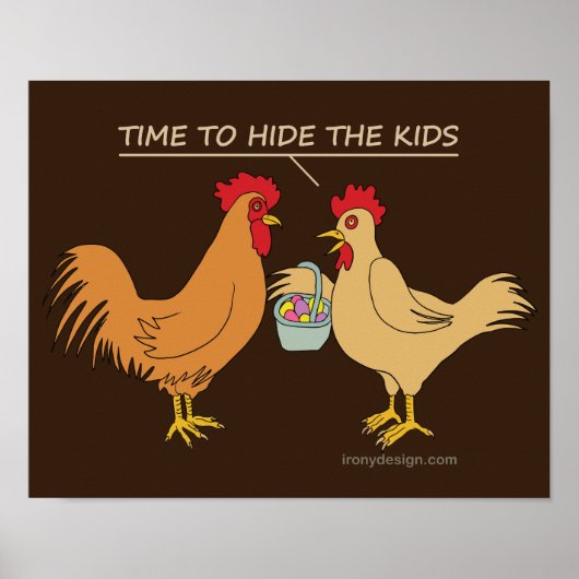 Funny Chicken Easter Hunt Cartoon Brown Poster (Voorkant)