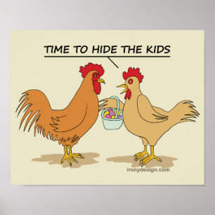 Funny Chicken Easter Hunt Cartoon Poster