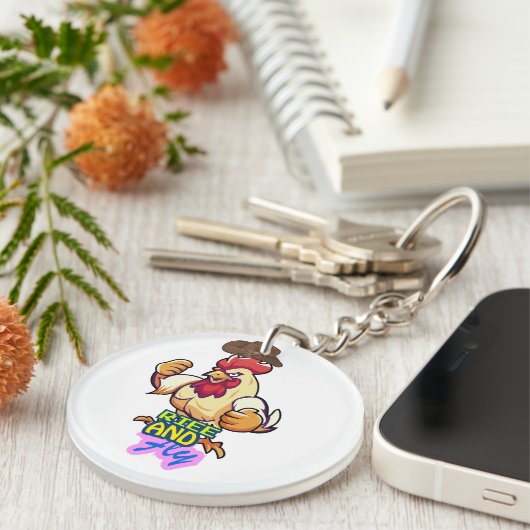 Funny Chicken Rise and Fly” T-Shirt Sleutelhanger (Voorkant Rechts)