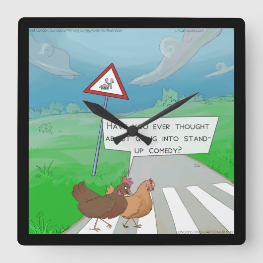 Funny Chickens Cross Road Square Wall Clock Vierkante Klok (Voorkant)