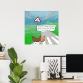 Funny Chickens Crossing Road Cartoon Poster (Thuiskantoor)
