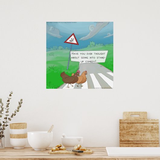 Funny Chickens Crossing Road Cartoon Poster (Keuken)