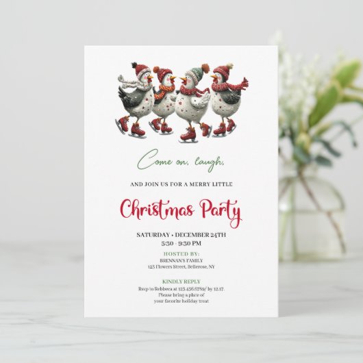 Funny Chickens Festive Red Green Holiday Invites Kaart (Staand voorkant)
