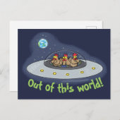 Funny chickens in ruimteschip cartoon briefkaart (Voorkant / Achterkant)