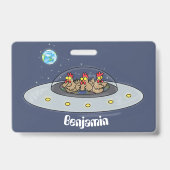Funny chickens in space cartoon illustratie badge (Achterkant)