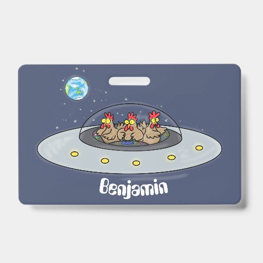 Funny chickens in space cartoon illustratie badge (Voorkant)