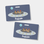 Funny chickens in space cartoon illustratie badge (Voor- en achterkant)
