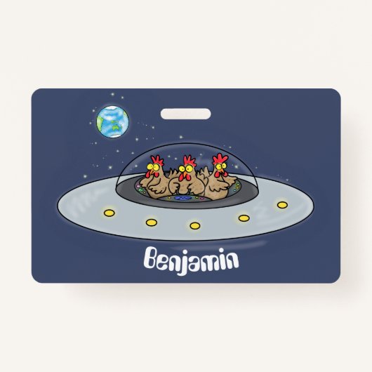 Funny chickens in space cartoon illustratie badge (Voorkant)